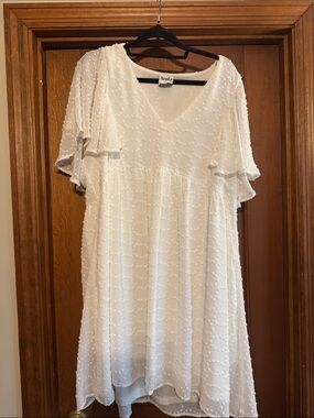 ARULA White Swiss Dot V-Neck Babydoll Mini Dress